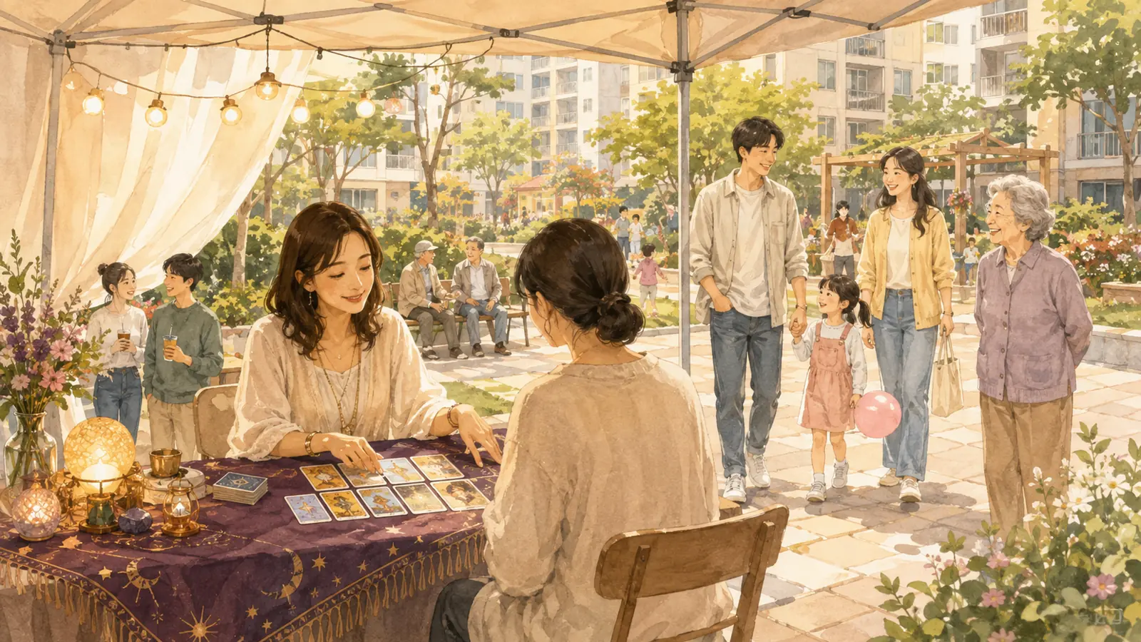 아파트 커뮤니티 행사 마당에 설치된 타로 상담 부스와 이웃 주민들