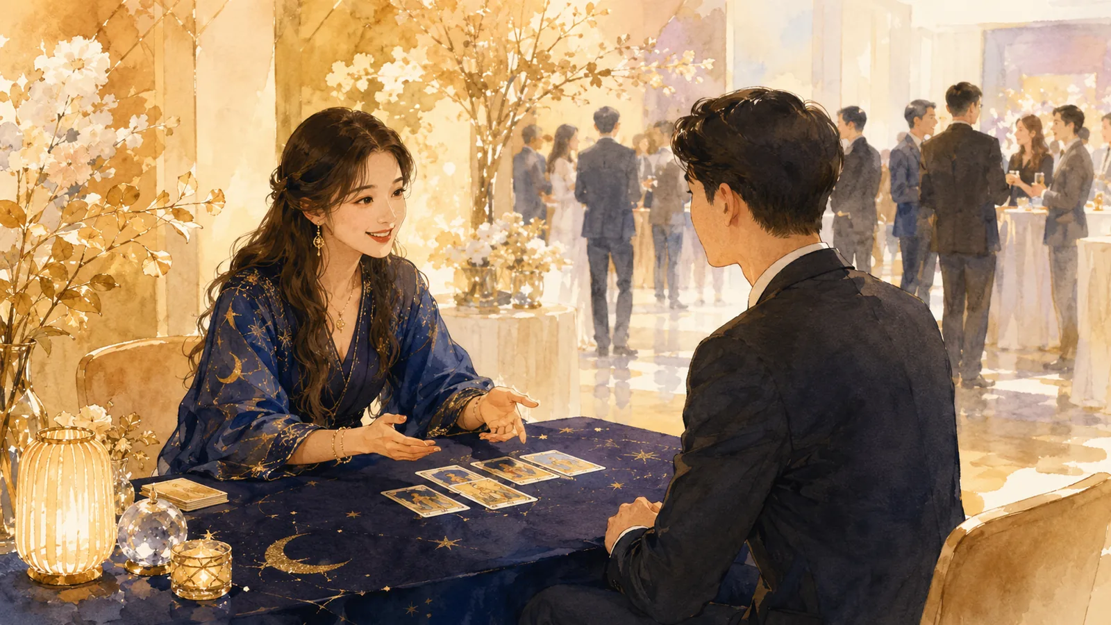 새해 시무식·신년회 자리에 마련된 신년운세 타로 팝업 부스 일러스트 - 복 소품과 카드가 놓인 테이블에서 진행되는 신년 상담 장면