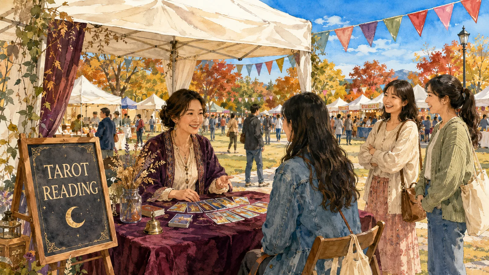 야외 축제 흰 캐노피 텐트 아래 타로 상담 부스 — 가을 축제장에서 방문객과 상담하는 타로마스터, 옆에서 기다리는 참여자들