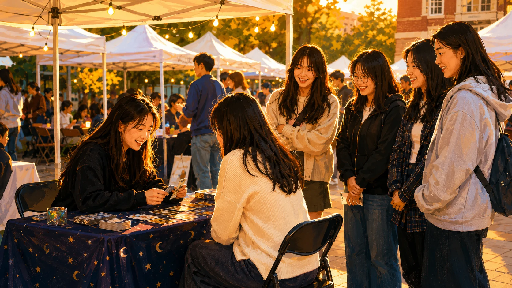 학교 축제 타로 부스 - 대학 축제 야외 타로 상담 부스에 줄 선 학생들