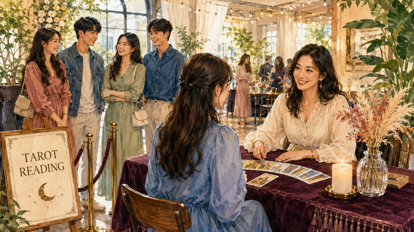 행사장 타로 상담 부스 — 'TAROT READING' 안내판과 로프 폴대 뒤로 차례를 기다리는 참여자들, 상담 중인 타로마스터