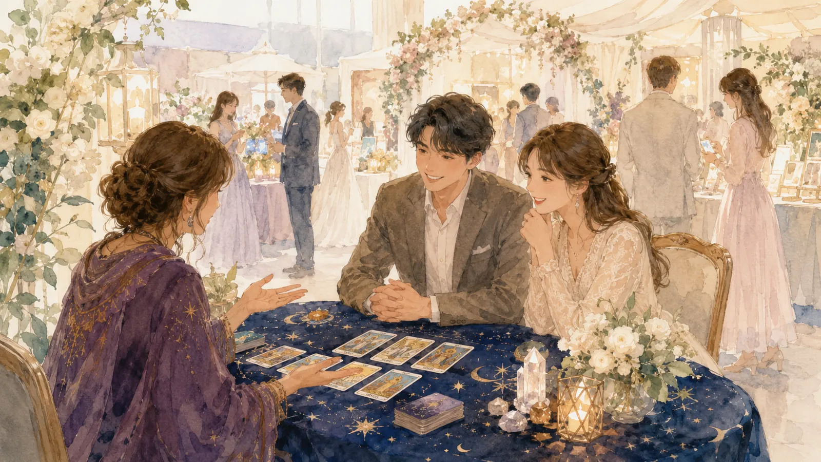 웨딩박람회 부스 한편에 마련된 타로 상담 테이블 일러스트 - 부케 소품과 카드가 놓인 테이블에서 진행되는 상담 장면